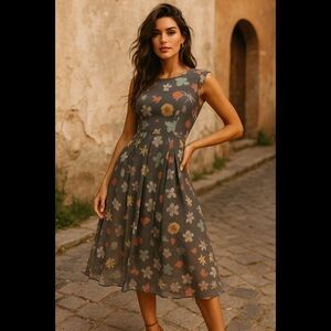 🥈 581. Rachel Rachel Roy Floral Fit & Flare Midi Dress Gray Sheer Overlay Size 0